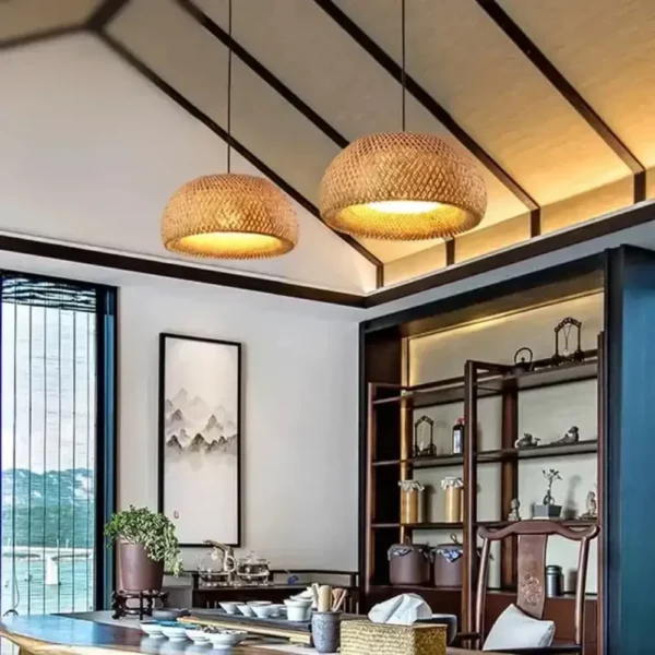 Lampa w stylu Boho ręcznie wykonana z naturalnego drewna bambusowego 30cm E27