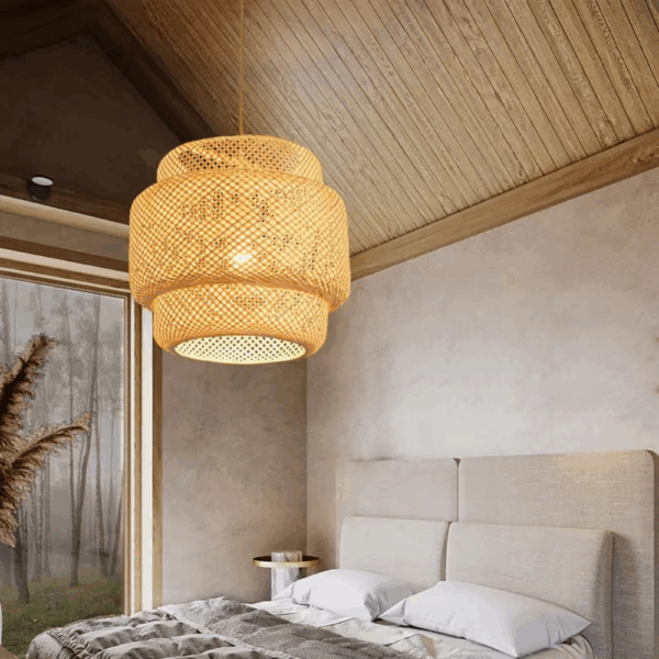 Lampa w stylu Boho ręcznie wykonana z naturalnego drewna bambusowego 40cm E27