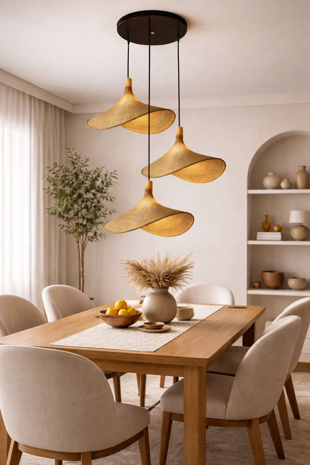 Wisząca lampa bambusowa Kapelusz Kaskada BOHO Naturalna pleciona Rattan 3 punkty światła E27 - obrazek 9