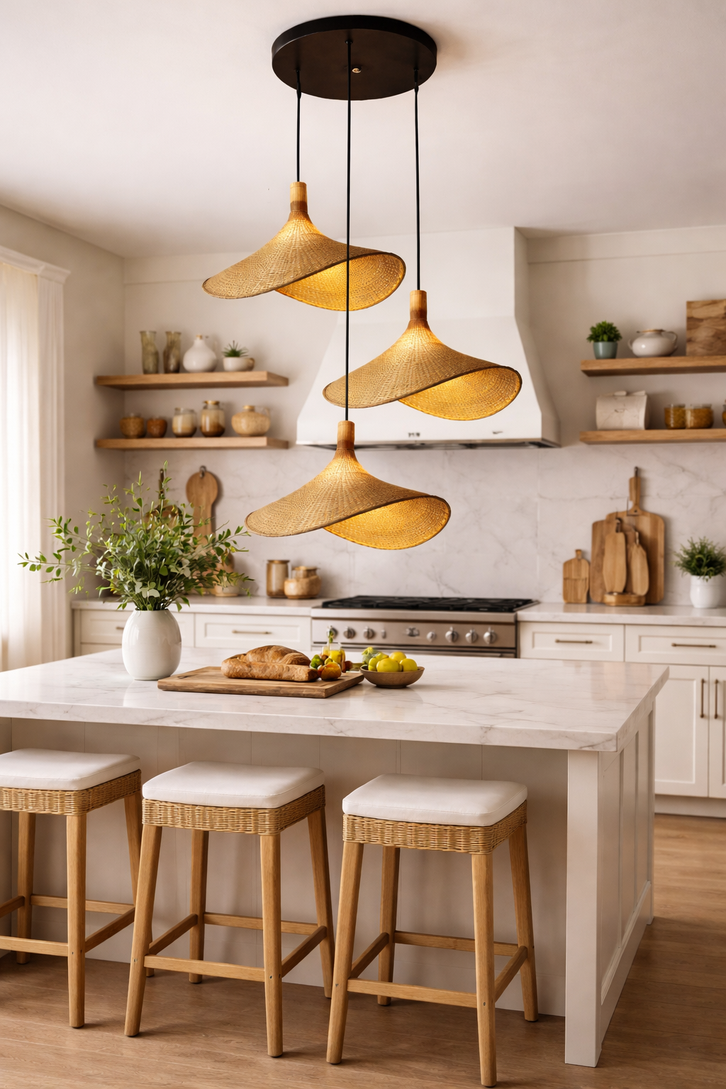 Wisząca lampa bambusowa Kapelusz Kaskada BOHO Naturalna pleciona Rattan 3 punkty światła E27 - obrazek 8