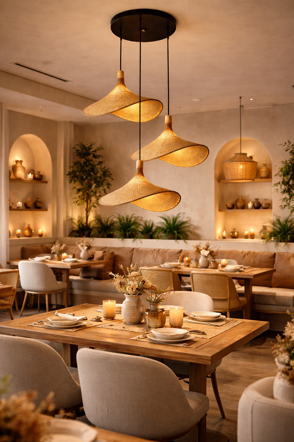 Wisząca lampa bambusowa Kapelusz Kaskada BOHO Naturalna pleciona Rattan 3 punkty światła E27 - obrazek 7