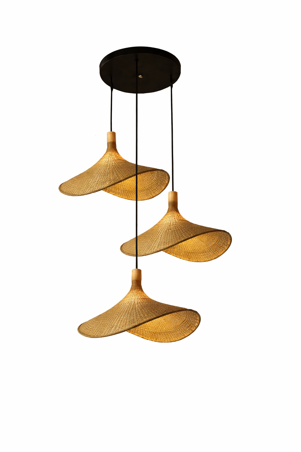 Wisząca lampa bambusowa Kapelusz Kaskada BOHO Naturalna pleciona Rattan 3 punkty światła E27